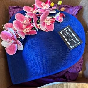 Handmade blue fascinator headpiece with pink orchids
